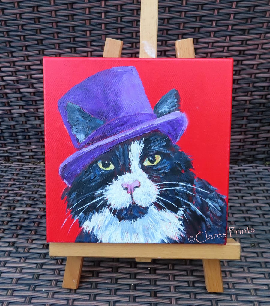 Purple Topper Cat Original Art Acrylic Painting on Canvas Retro 