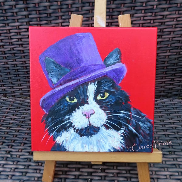 Purple Topper Cat Original Art Acrylic Painting on Canvas Retro 