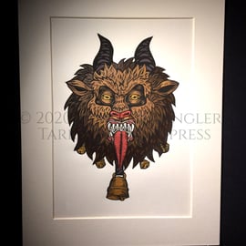 Krampus Head in Colour - Limited Edition - Linoprint - Hand Painted