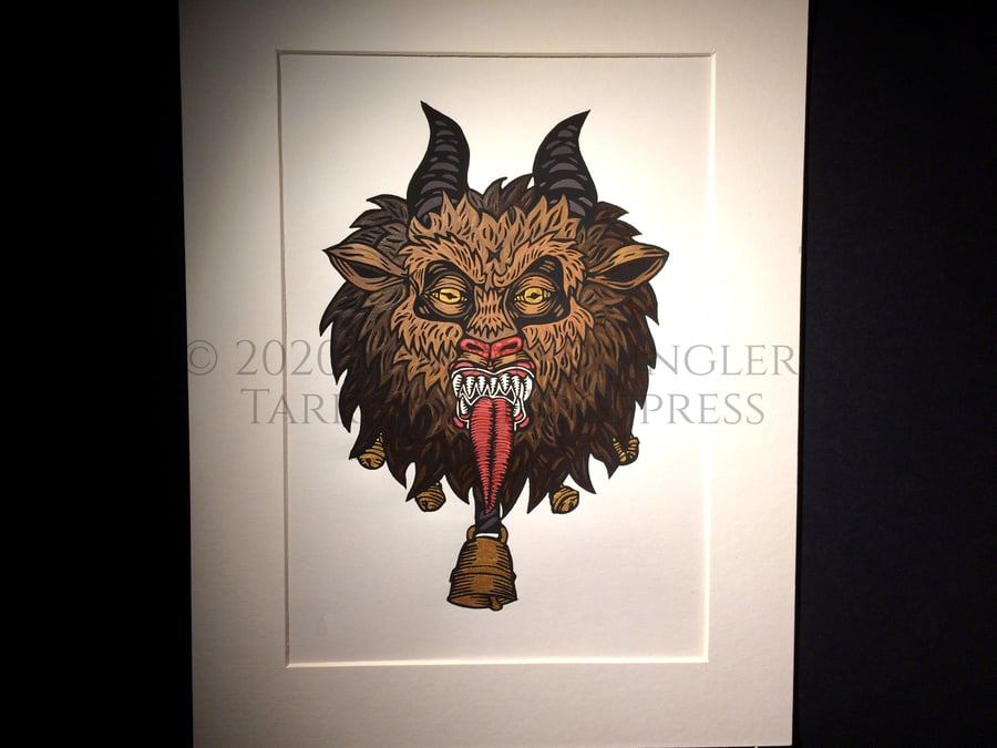 Krampus Head in Colour - Limited Edition - Linoprint - Hand Painted