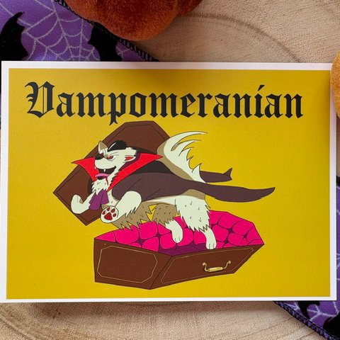 Hallowed Hounds- Vampomeranian Halloween A6 Postcard