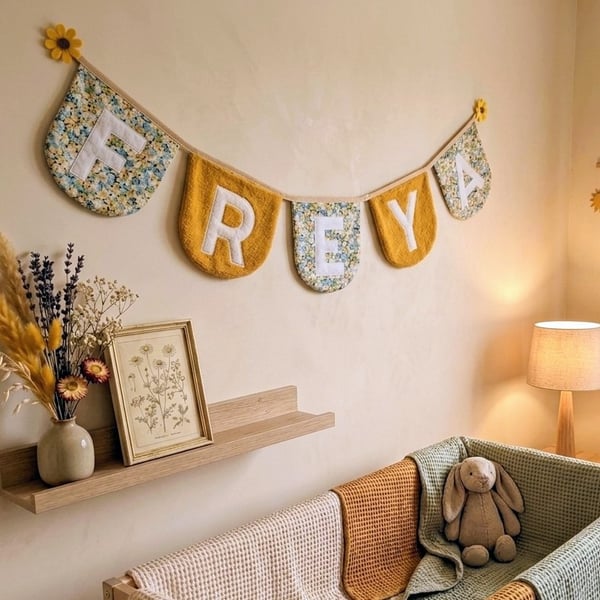 Personalised Floral Name Garland, Mustard Velour & Liberty Style Nursery Bunting