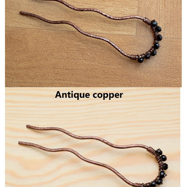 Antique Copper Hair forks, black faceted copper textured hair bun pin- Hair bun 