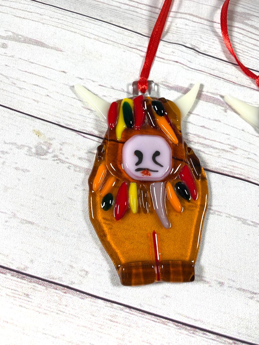 Fused glass colourful highland cow Christmas decoration 