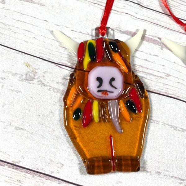 Fused glass colourful highland cow Christmas decoration 