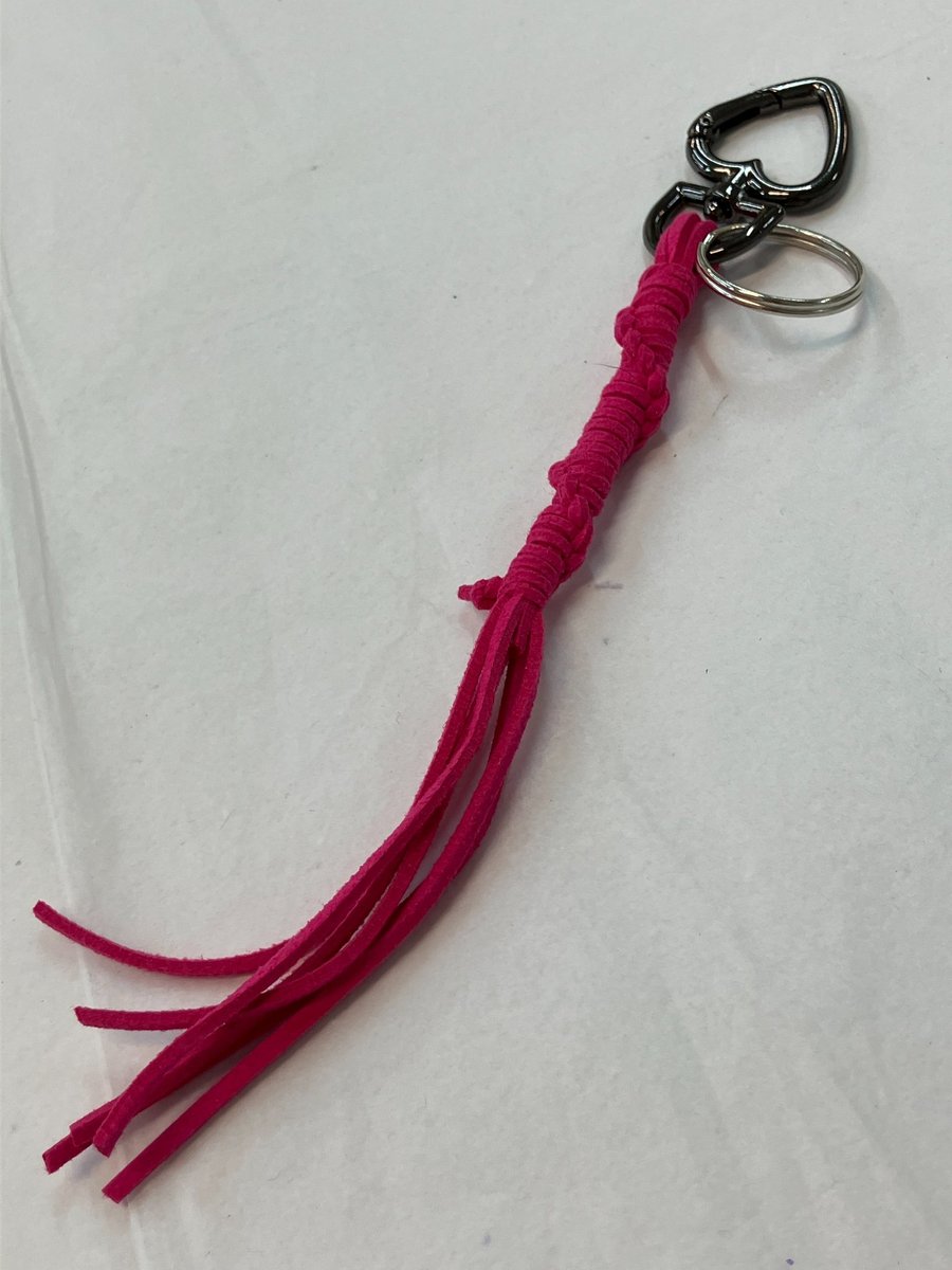Bright Pink Suede Keyring - Bag Charm w Gunmetal Heart Shaped Carabiner