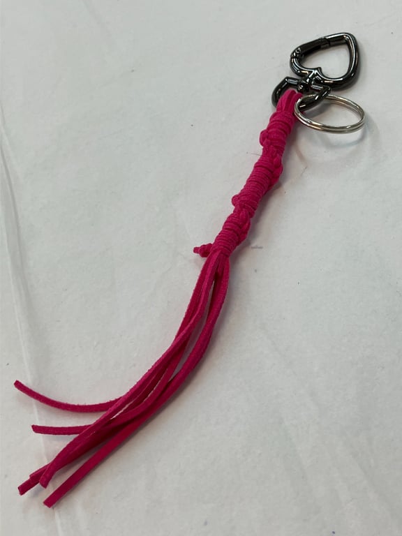 Bright Pink Suede Keyring - Bag Charm w Gunmetal Heart Shaped Carabiner
