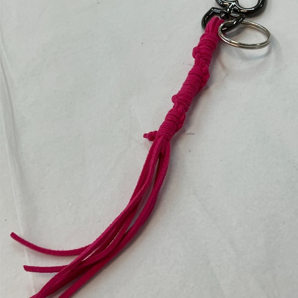 Bright Pink Suede Keyring - Bag Charm w Gunmetal Heart Shaped Carabiner