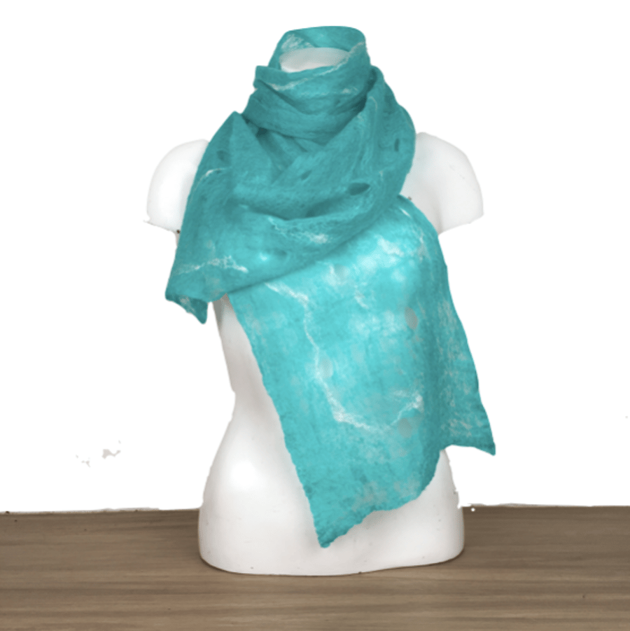 Lightweight, finely felted turquoise scarf with silk highlights