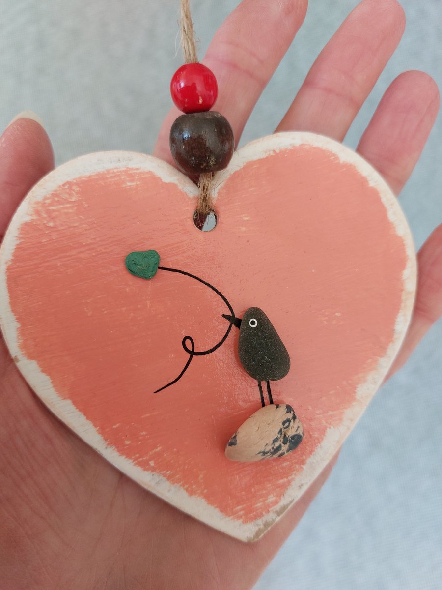 9cm Hand Painted Heart, Sea Glass Decoration, Bird, Heart, Thank You Gift