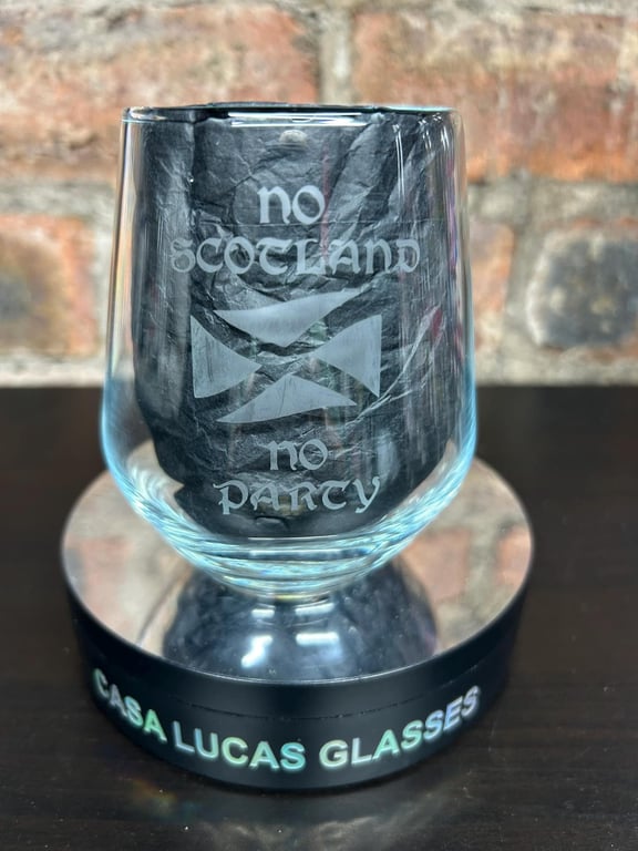Hand Etched Wine Glass No Scotland, No Party