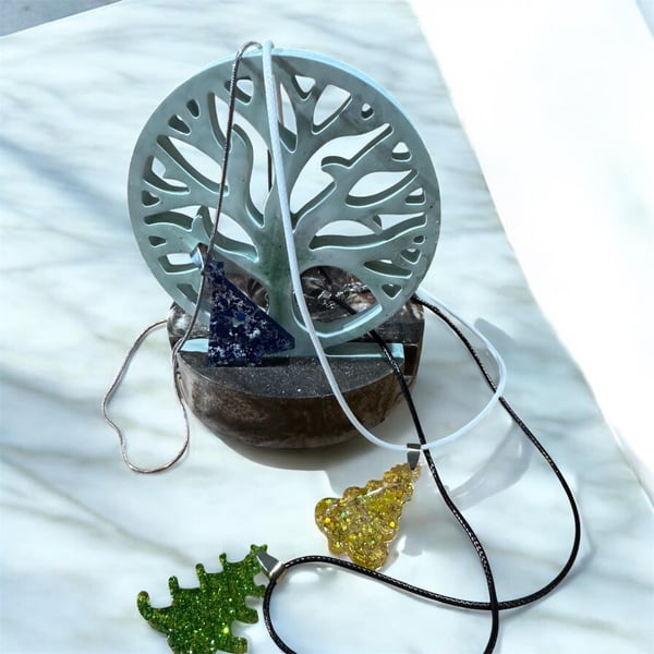 Glitter Christmas Tree Necklace Resin Pendant with Cord or Stainless Steel Chain