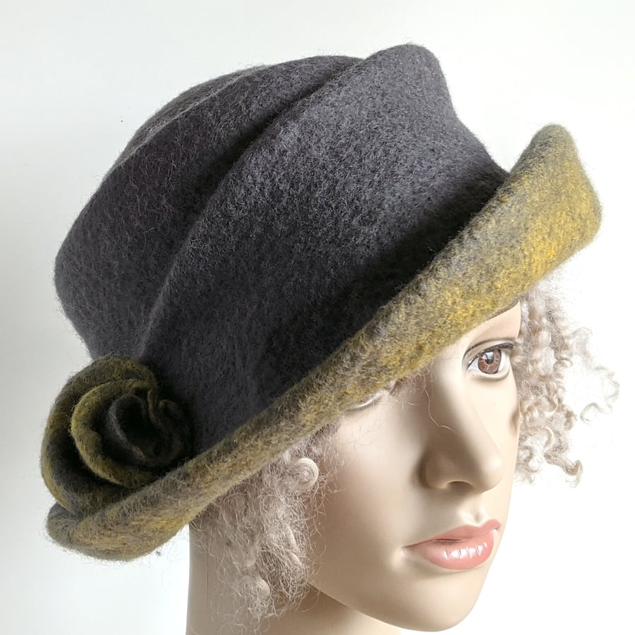 Grey and yellow felted wool hat - One of the 'Squashable' range