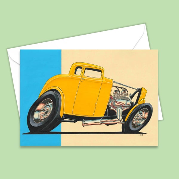 Classic American Yellow Hot Rod Car Greetings Card 