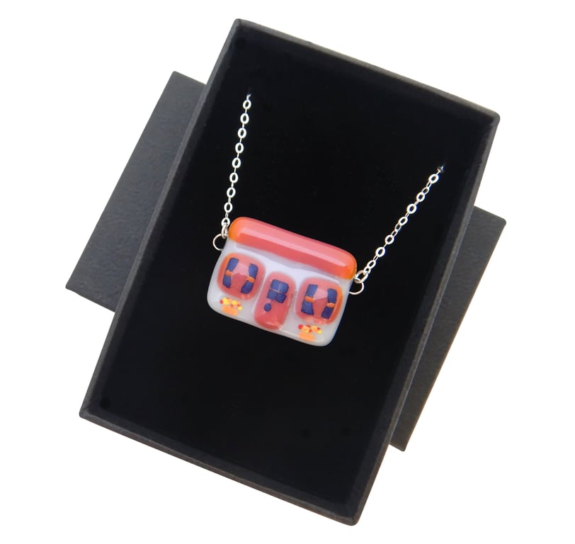 Handmade Fused Glass 'Little Pink, Orange Cottage' Pendant