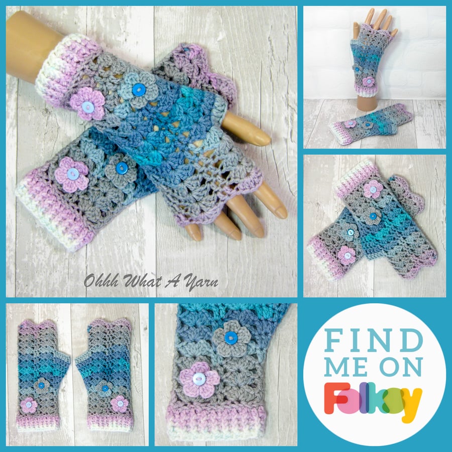 Blue grey and pink, lilac ombre ladies crochet gloves, finger less gloves.