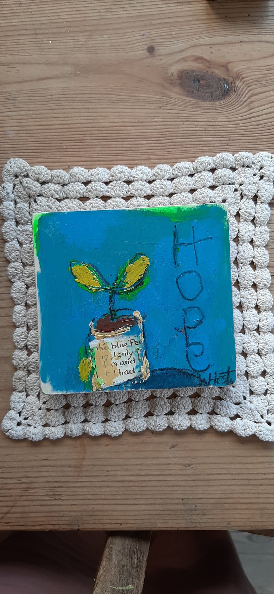 Hope seedling collage on thick reclaimed wooden block