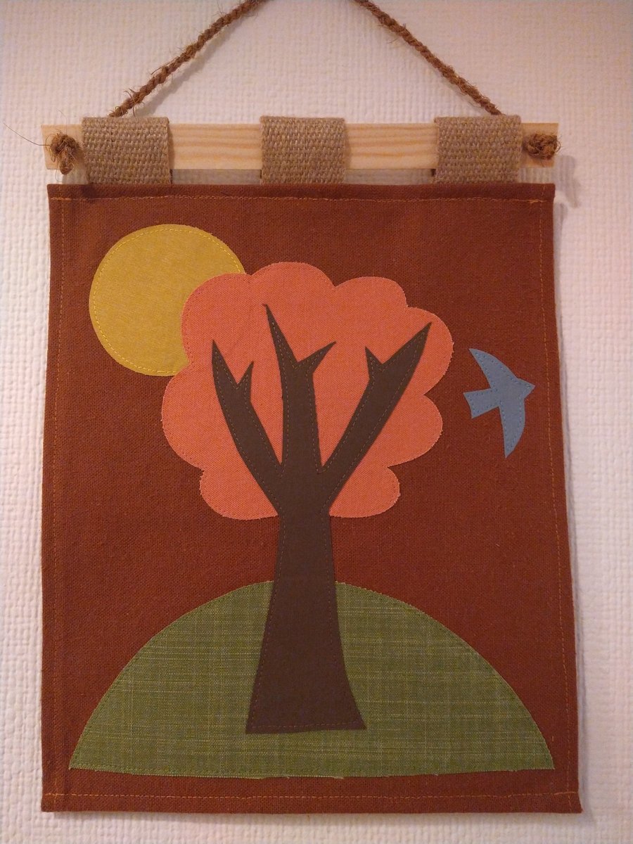 Applique Wall Hanging Made from Reclaimed Fabric Art Handmade Orange Tree 