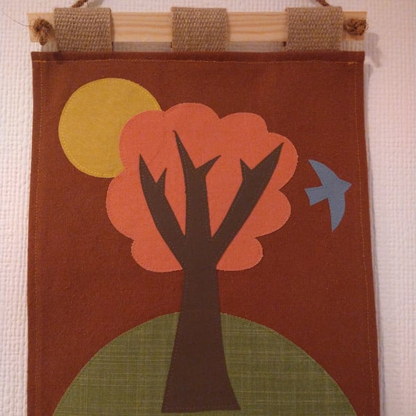 Applique Wall Hanging Made from Reclaimed Fabric Art Handmade Orange Tree 