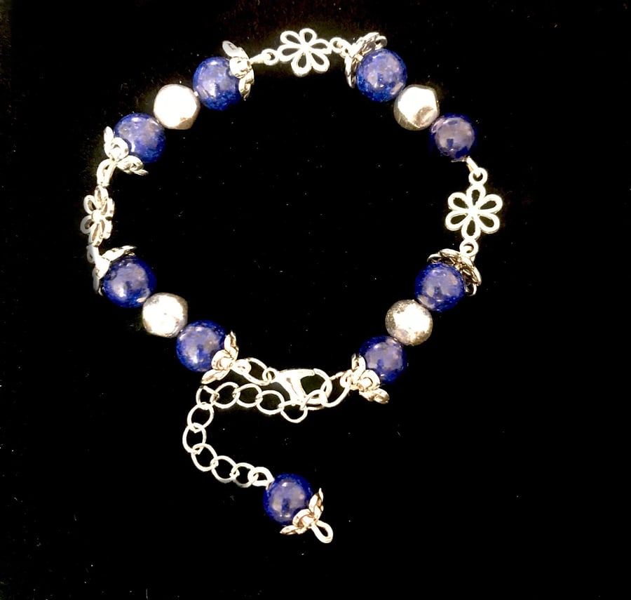 Silver Bracelet featuring vibrant Lapis Lazuli - 7” (with 1.5” extension) 