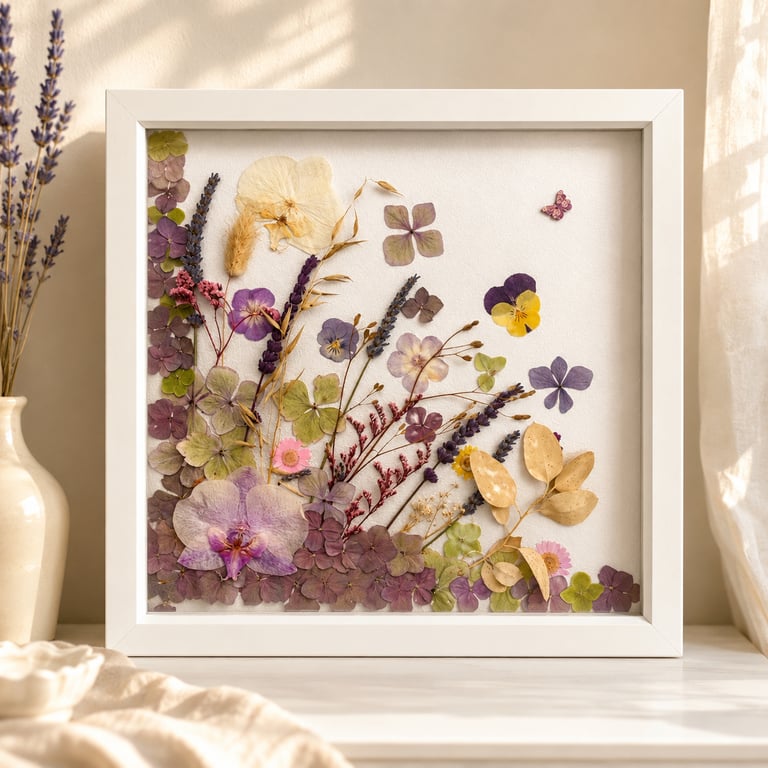 Pressed Flower Shadow Box Art, Orchid & Hydrangea, One-of-a-Kind Botanical Decor