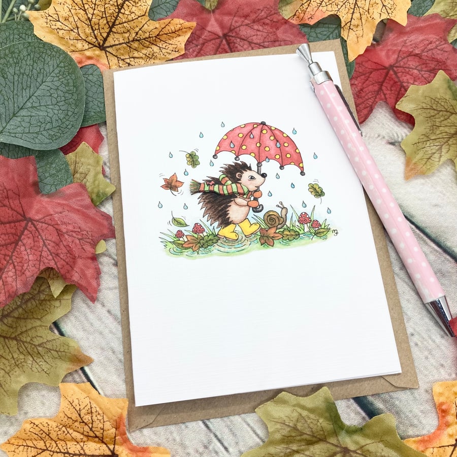 Hedgehog Autumn Walk Card - Blank Card - Birthday Card - Any Occasion 