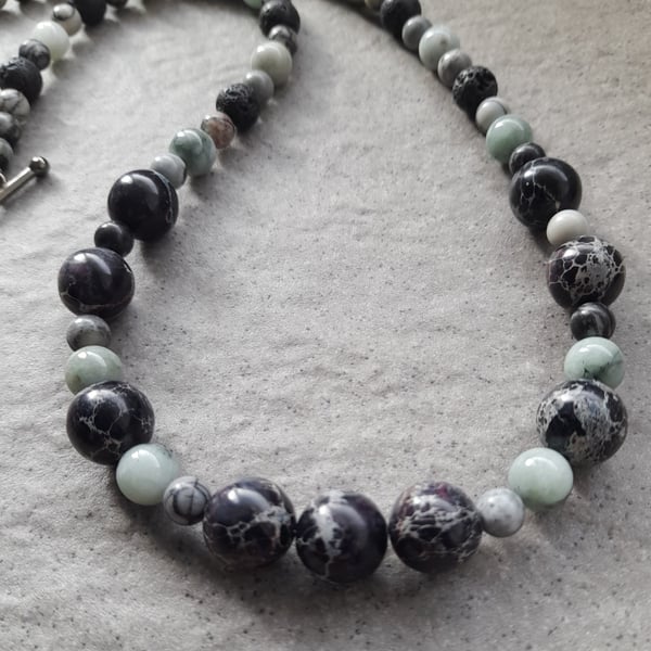  Lava Rock Black Terra Jasper Jadeite Beaded Necklace