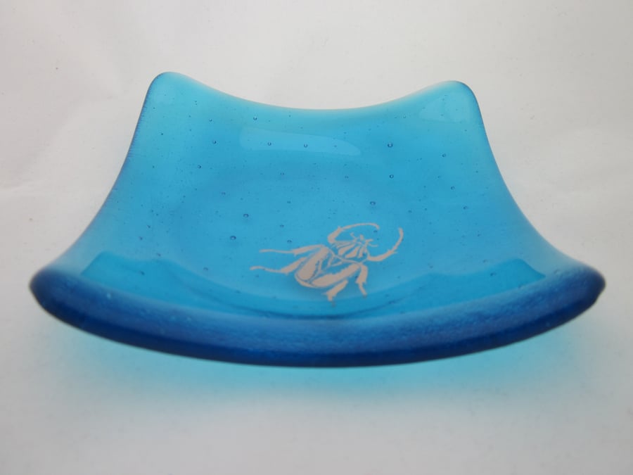 Handmade  fused glass trinket bowl or soap dish - copper beetle on turquoise