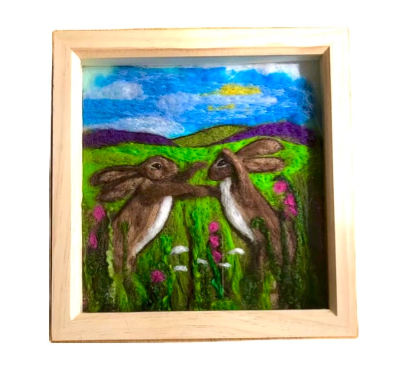 Needle felted boxing hares picture 