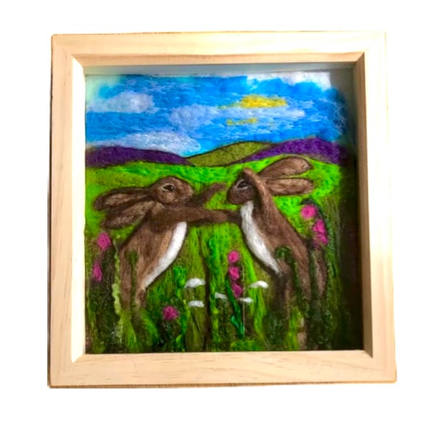 Needle felted boxing hares picture 