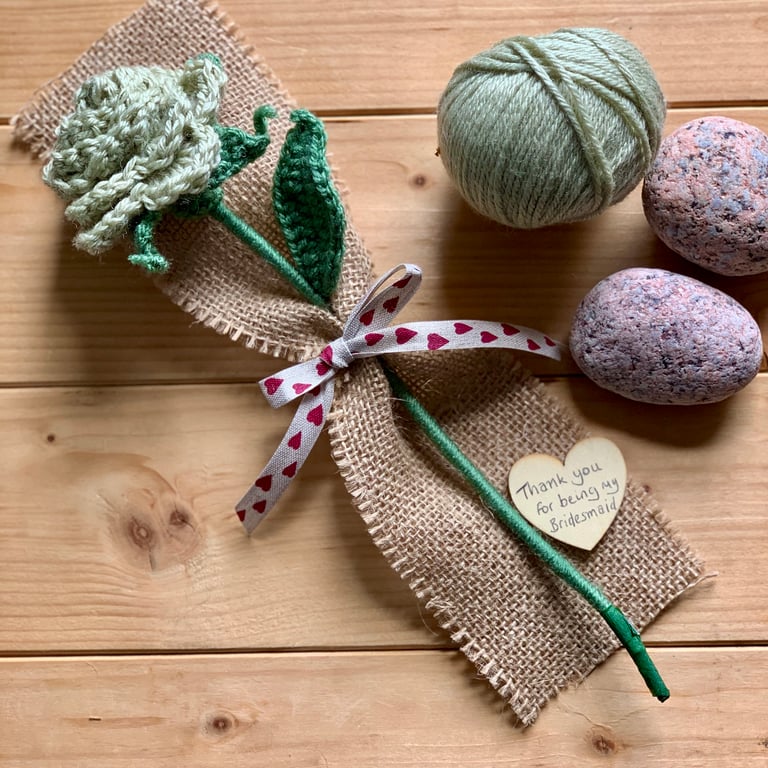 Bridesmaids gift. Sage green Crochet rose, thank you present for bridesmaid