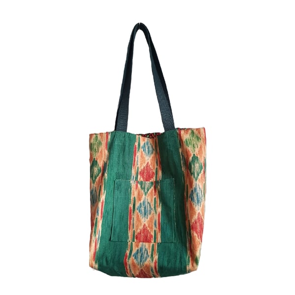  Tote bag; Ikat design fabric dark green with long handles