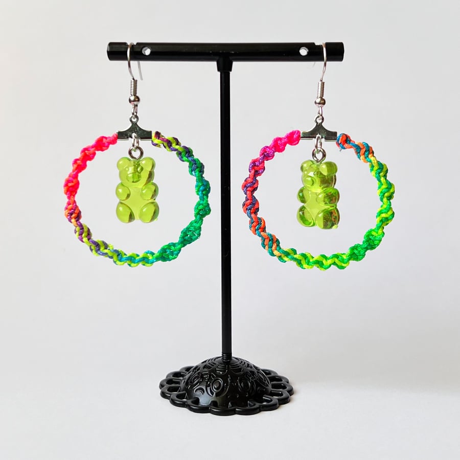Earrings - Rainbow Gummy Bear Hoops - Green FREE UK P&P