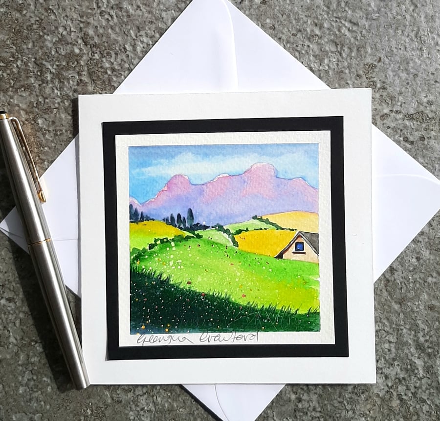 Handpainted Blank Card. Pink Mountains. The Card That's Also A Keepsake