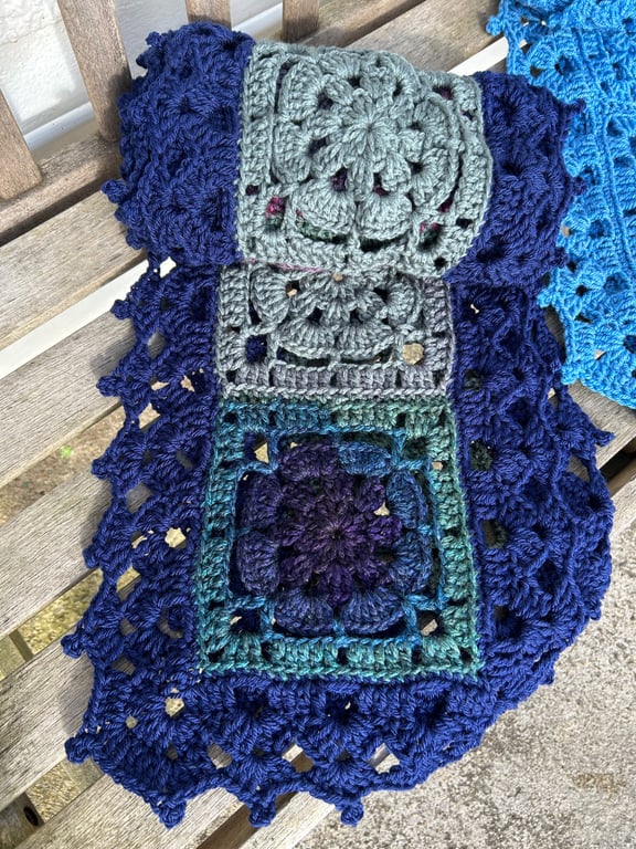 Mermaid and navy oversized crochet lace squares scarf