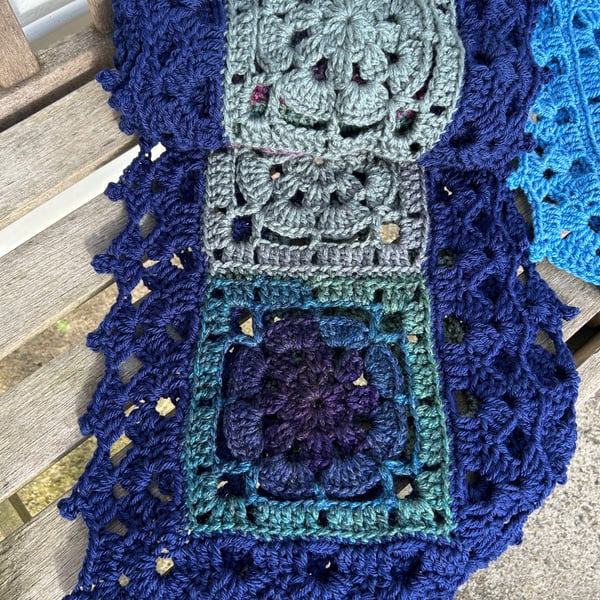Mermaid tail colours and navy blue oversized crochet lace squares scarf