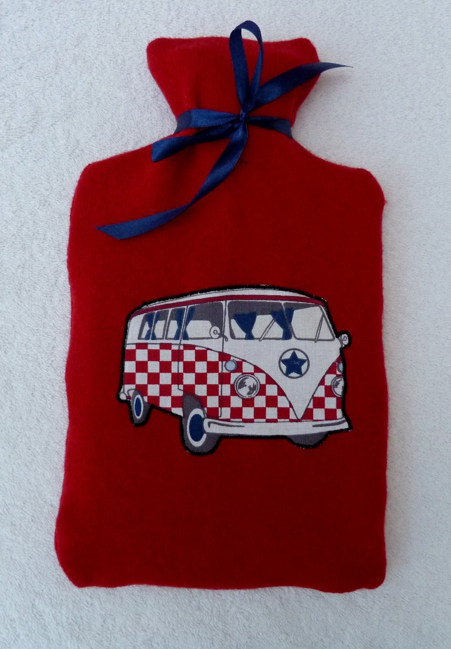 Red Lambswool Hot Water Bottle Cover with Mach... Folksy