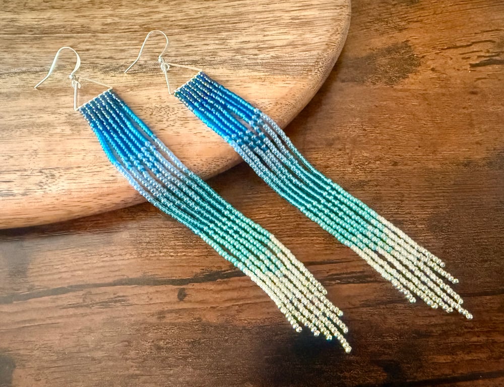 Extra long ocean blue handmade beaded fringe earrings, statement jewellery 