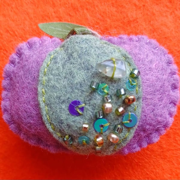 Handmade Felt Pumpkin Brooch Lilac and Green