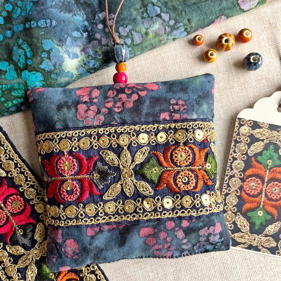 ON SALE: Boho lavender bag, Indian embroidered trim, handmade lavender bag