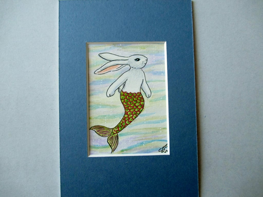 Merbunny Mermaid Bunny Rabbit ACEO original miniature painting in mount