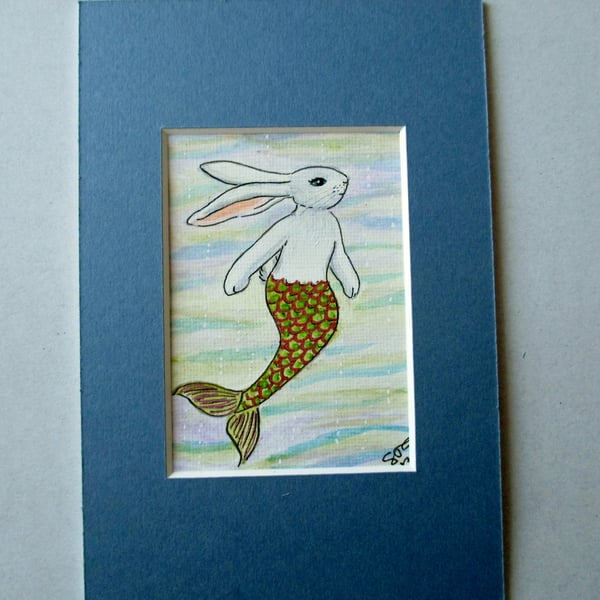 Merbunny Mermaid Bunny Rabbit ACEO original miniature painting in mount