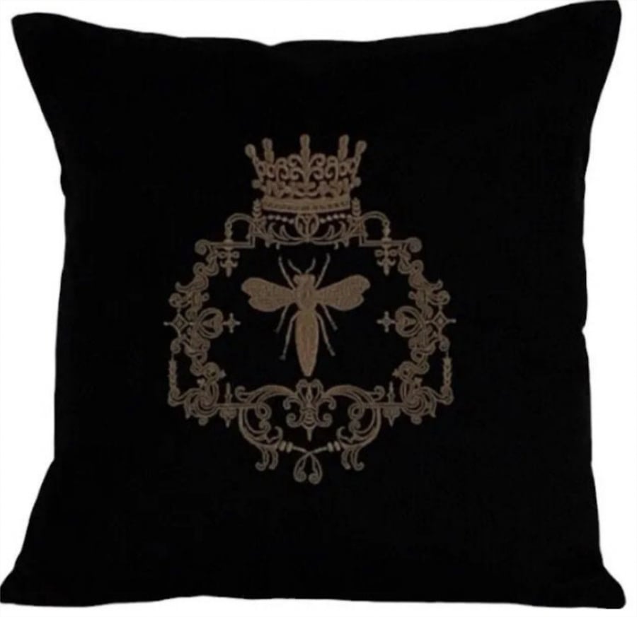 Rose Gold Queen Bee Embroidered Cushion Cover BLACK 