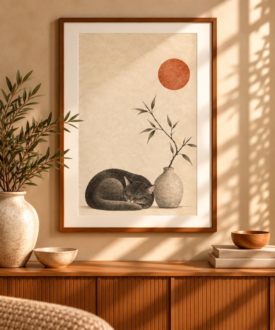 Image of Sleeping Cat Under The Rising Sun Wall Art (Physical Print)