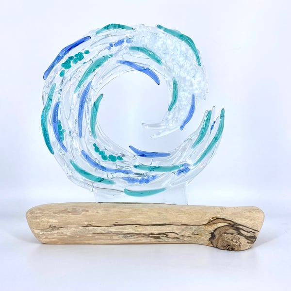 Beautiful Fused Glass Wave set in Driftwood