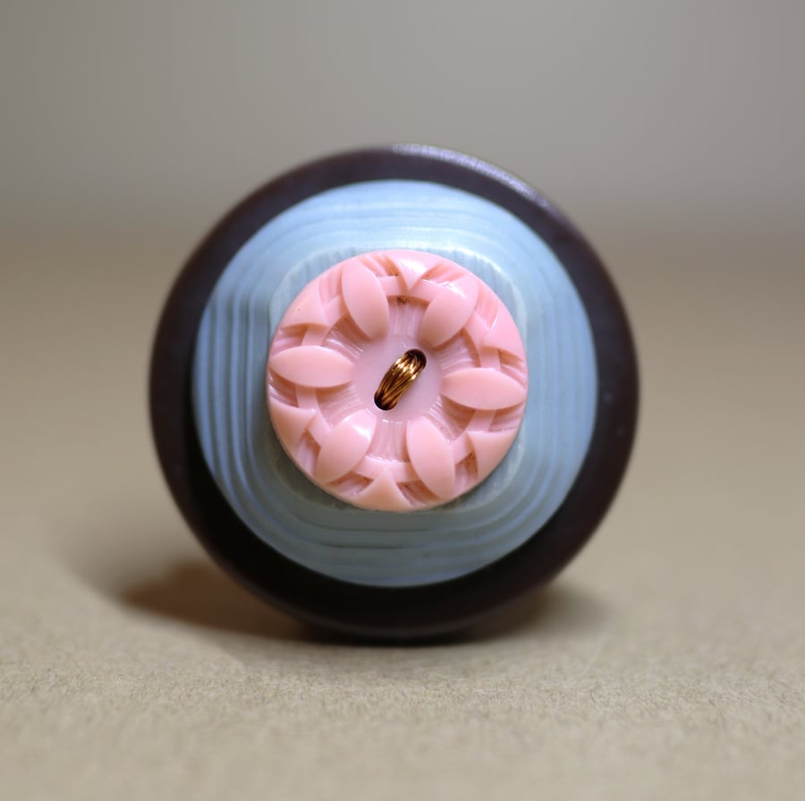 HALF PRICE - Chocolate, Smoky Blue and Salmon Pink-Vintage Button Statement Pin