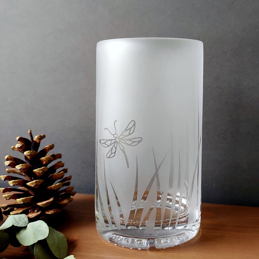 Recycled bottle vase, etched clear glass vase with dragonfly design
