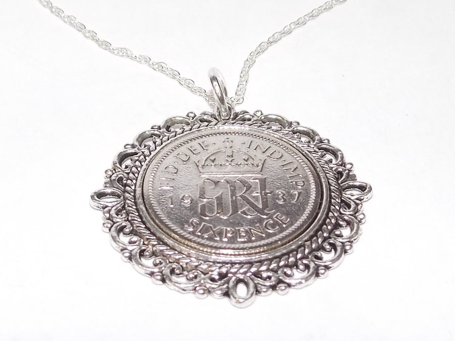 Fancy Pendant 1937 Lucky sixpence 87th Birthday plus a Sterling Silver 20in Ch