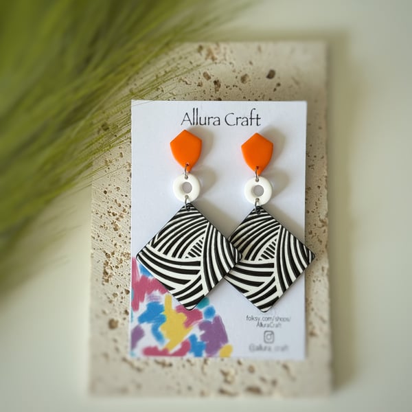 Statement Monochrome and Orange Dangle Earrings
