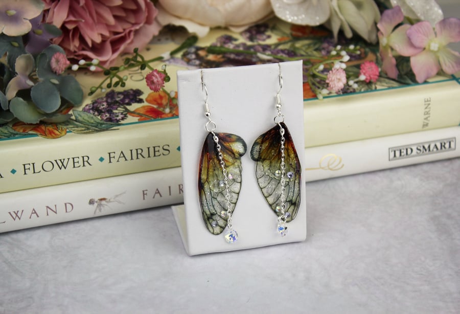 Dark Natural Sparkle Sprite Cicada Fairy Wing Butterfly Earrings Fairycore Pagan